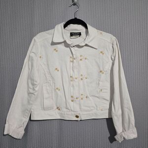 Vintage PG Collections Womens White Floral Embroidery Zip Up Denim Jacket Size S